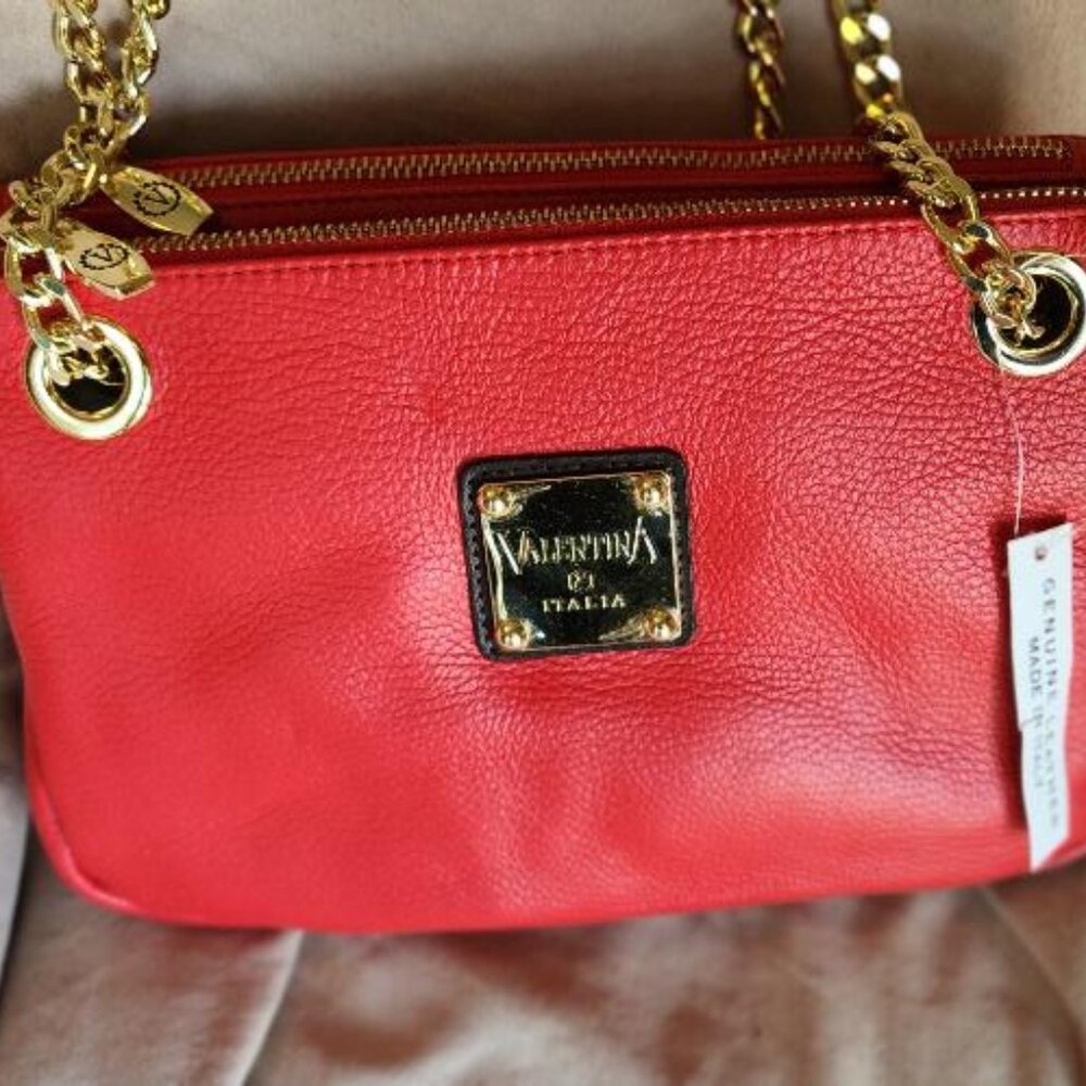 VALENTINA Genuine Leather Red Gold Chain double zipper shoulder strap hand bag